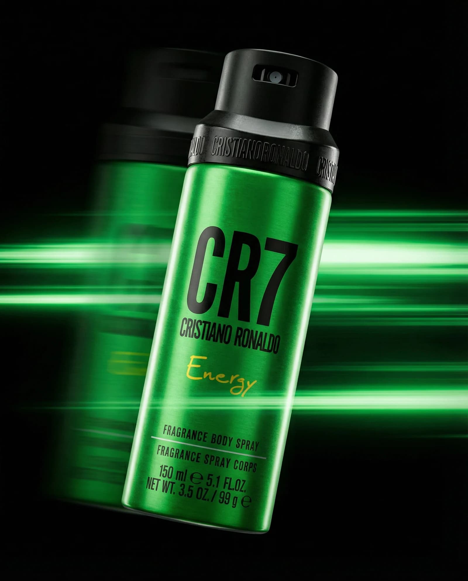 CR7 Energy body spray tilted against green motion trails