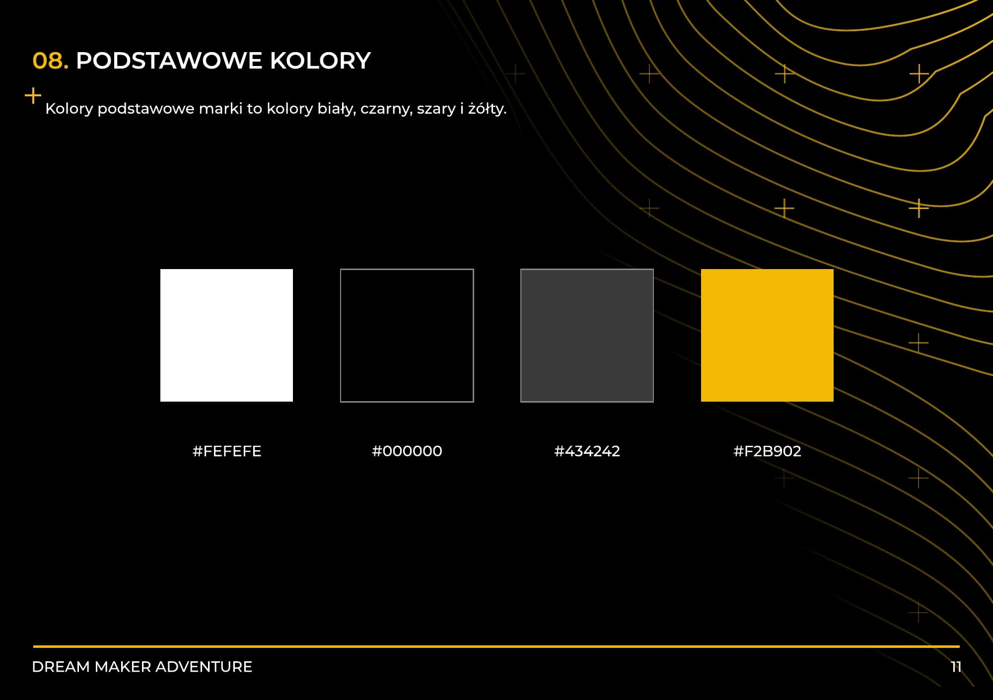 DreamMaker Adventure colour palette: white, black, grey and yellow