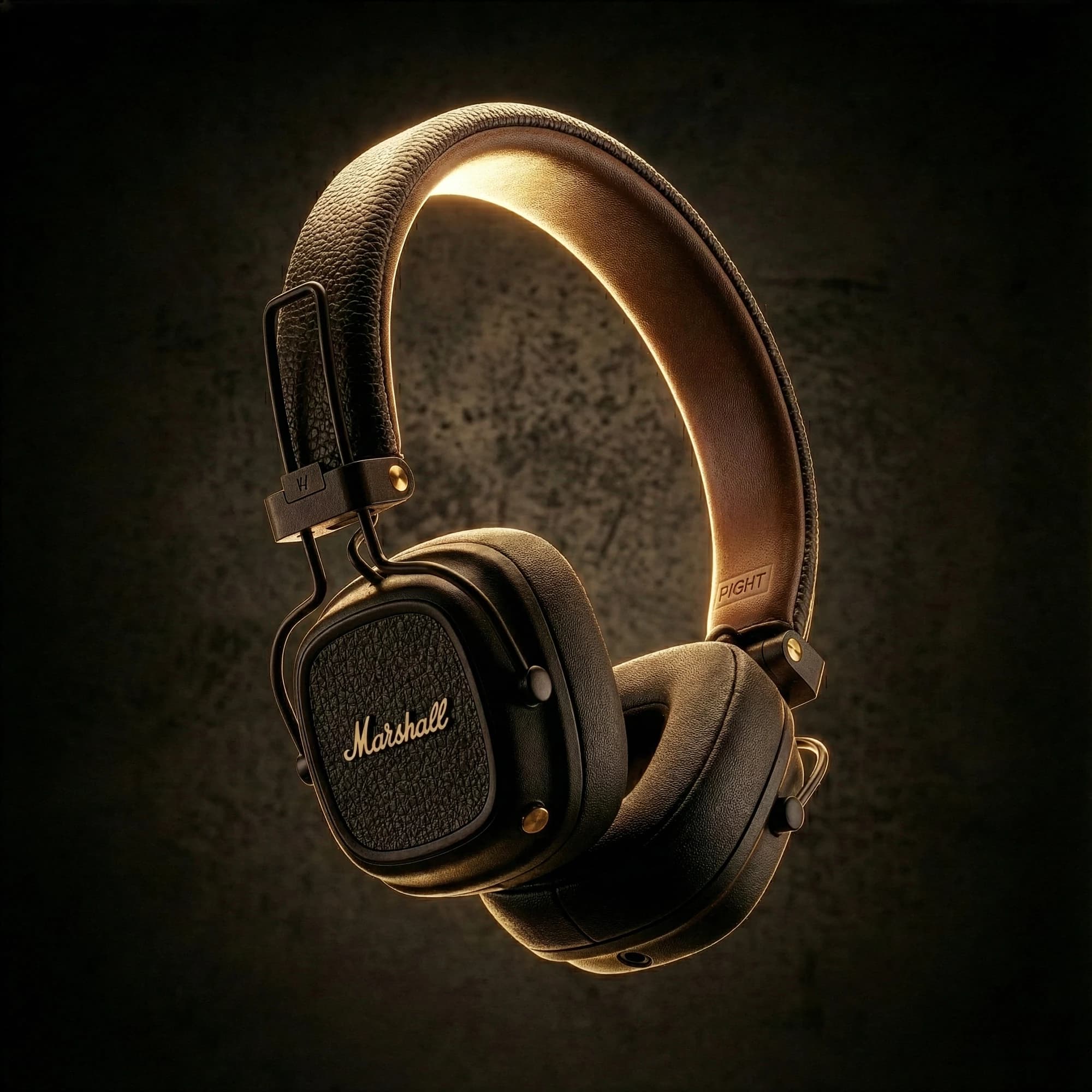 Marshall headphones suspended against a dark textured background in golden light