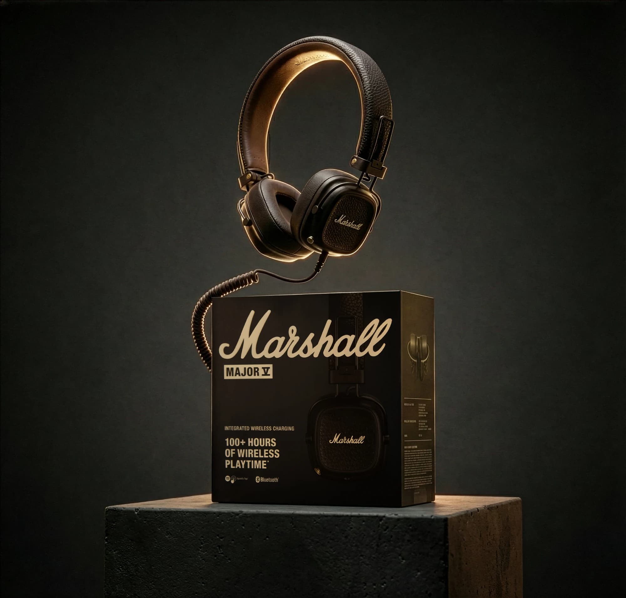 Marshall headphones above their packaging on a dark plinth