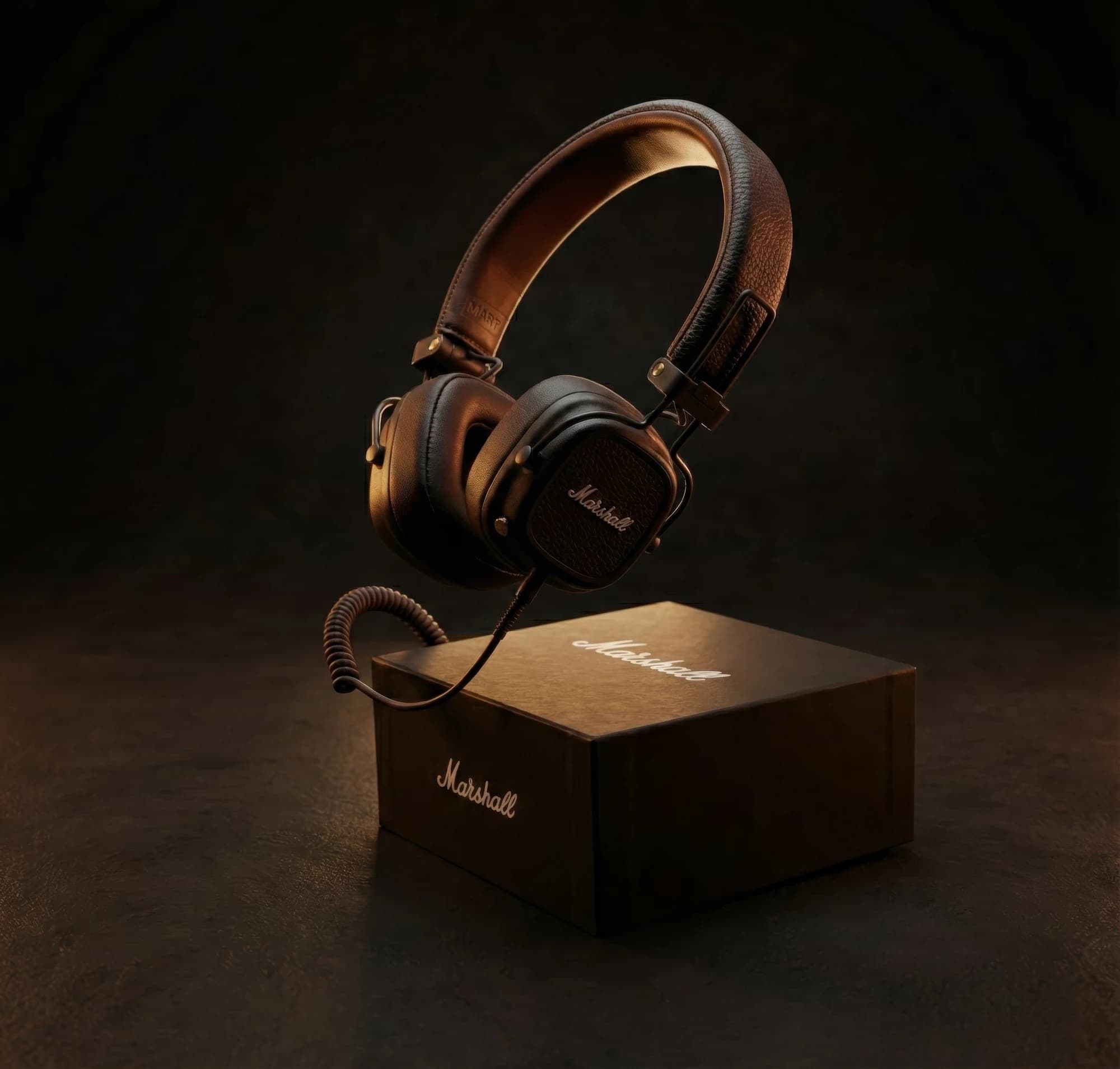 Marshall headphones suspended over their box with a coiled cable