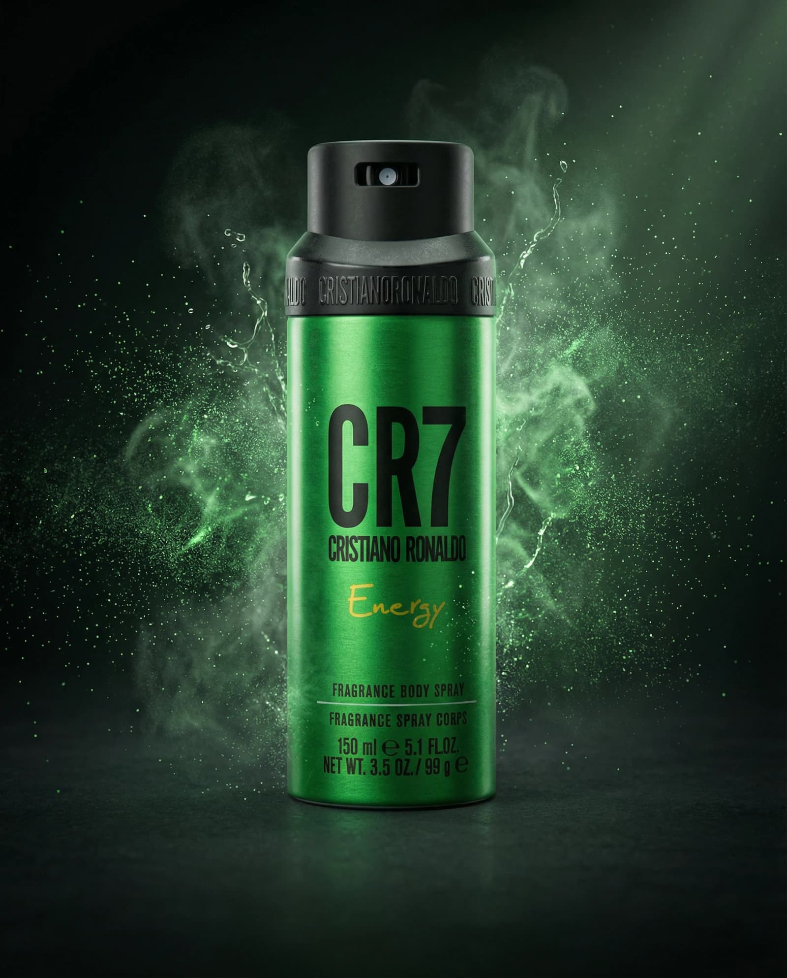 CR7 Energy body spray with green mist and droplets