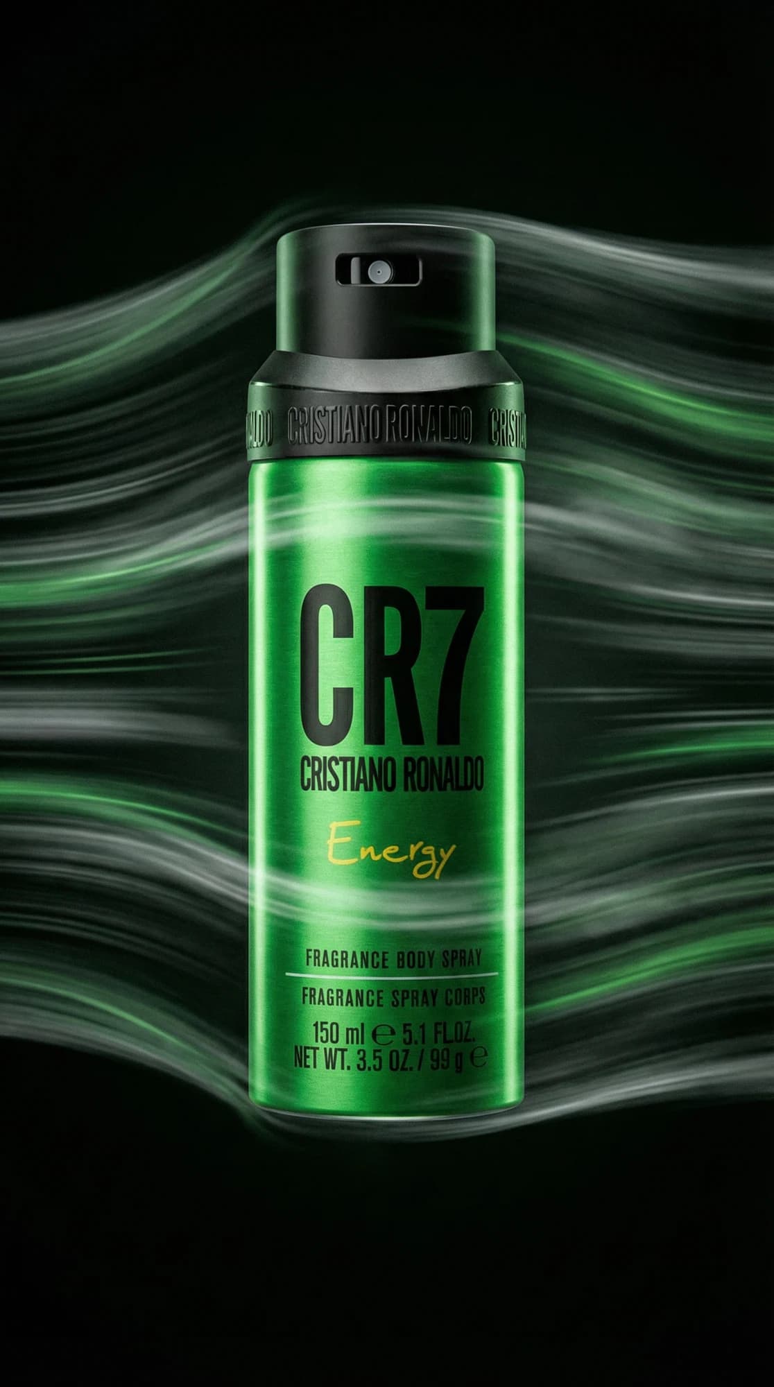 CR7 Energy body spray with flowing green and silver trails