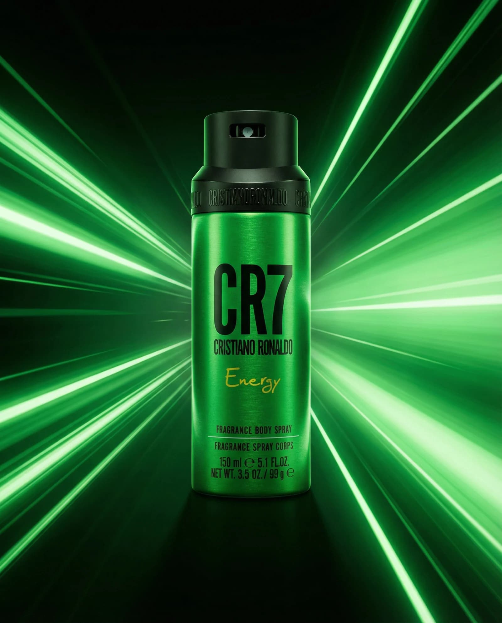 CR7 Energy body spray framed by radiating green beams