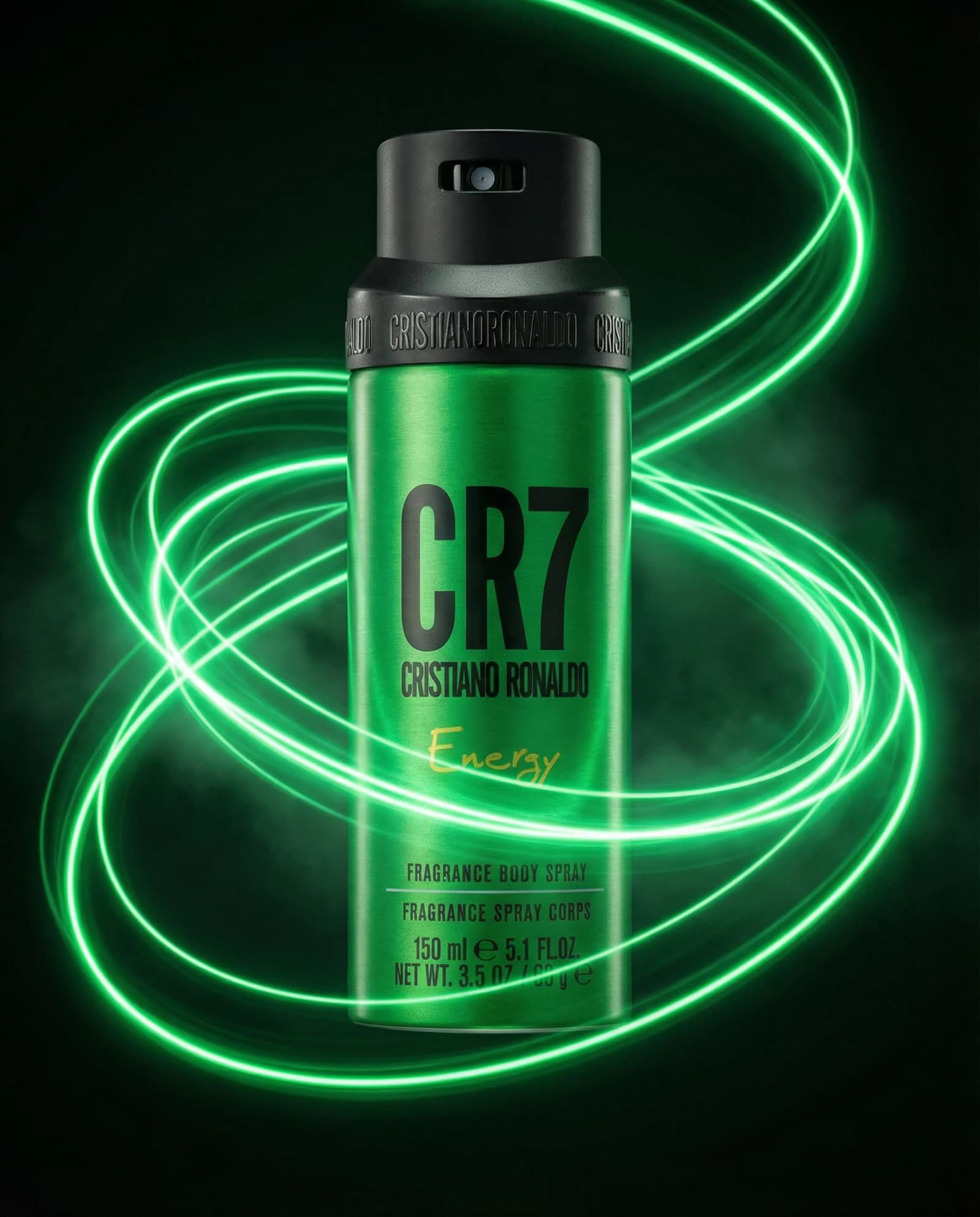 CR7 Energy body spray wrapped in green light ribbons