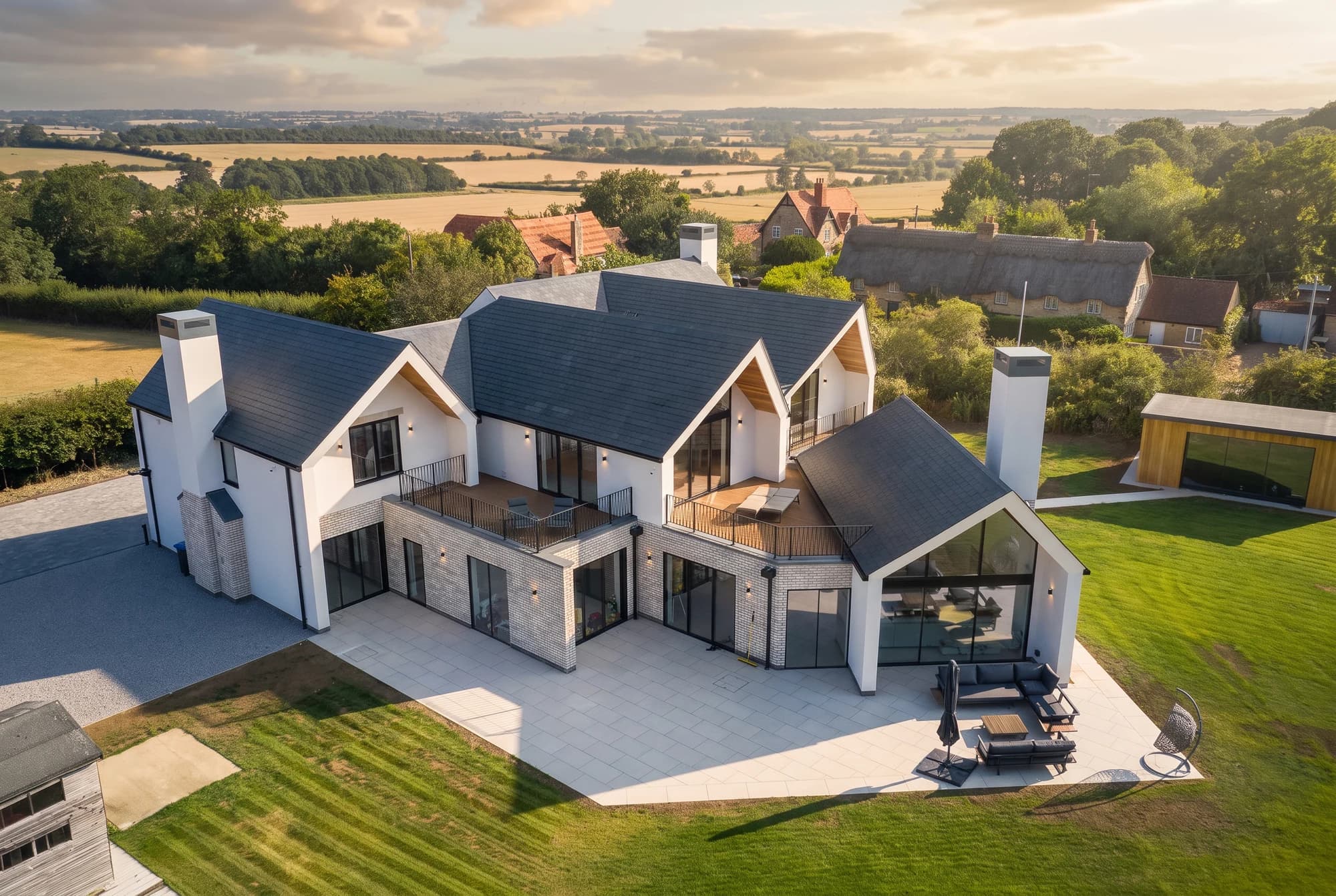 Aerial view of the house, terraces and surrounding countryside